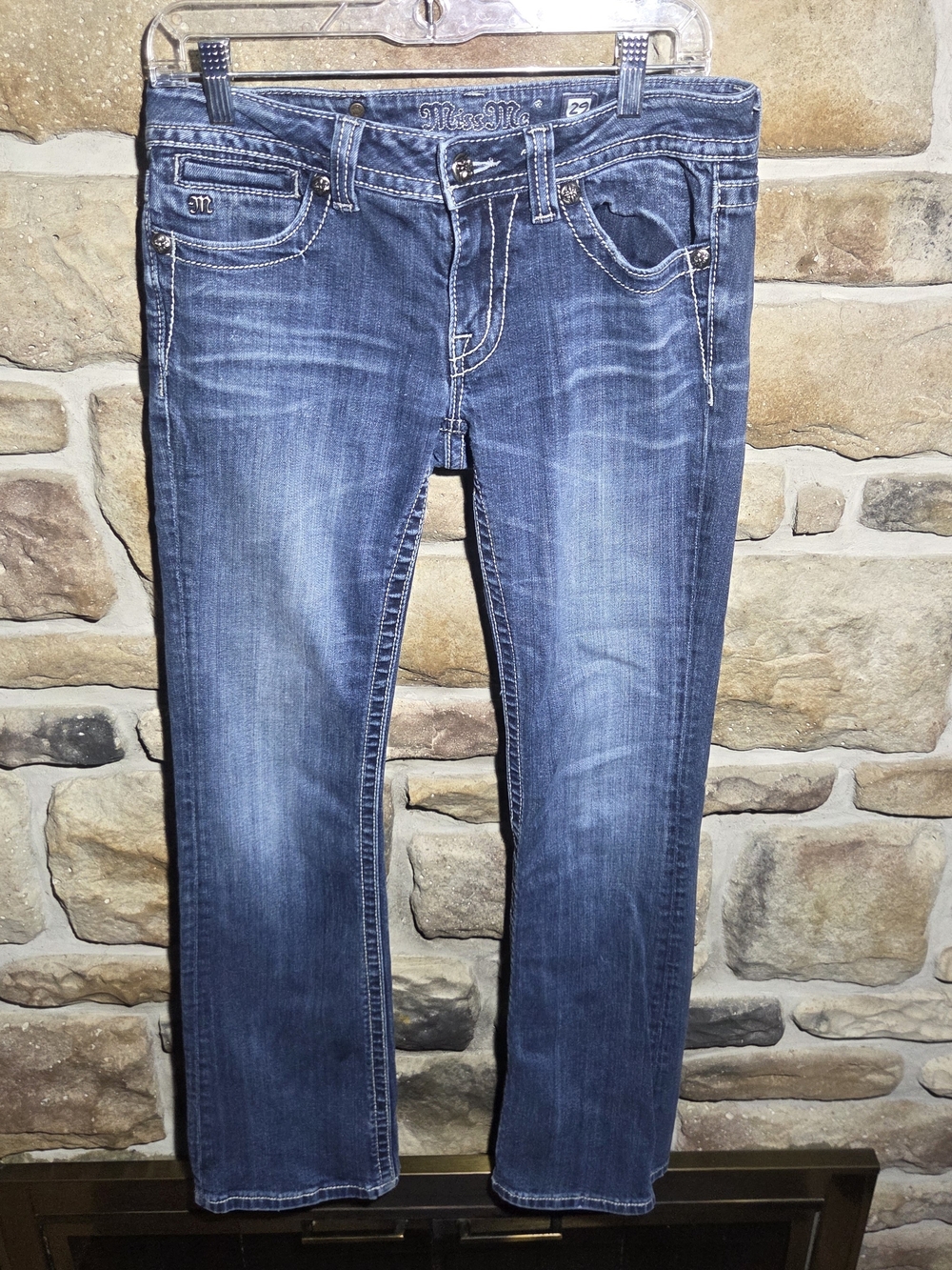 Miss Me Bootcut Jeans Size 29 JP5601B4 Heavy Embellished Flap Pocket Blue Denim